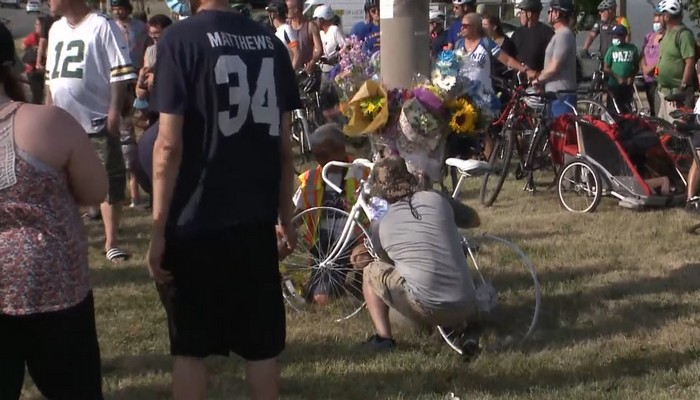 White memorial bike placed as a tribute to Brian Woods near Lime Ridge Mall