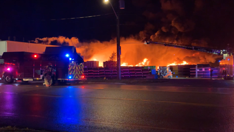 Large fire at rubber plant in Brantford continues to burn