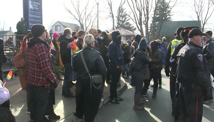 Protesters take aim at Hamilton library over drag queen storytime event