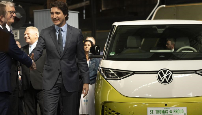 Prime Minister Justin Trudeau arrives to make an announcement on a Volkswagen electric vehicle battery plant at the Elgin County Railway Museum in St. Thomas, Ont., Friday, April 21, 2023.