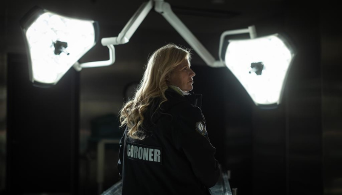 Dr. Jeannie Walton, investigating coroner and President of the Ontario Coroner’s Association, is shown in a hospital mortuary in St. Catharines, Ont., Sunday, May 7, 2023.