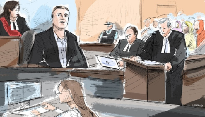 Left to right: Justice Renee Pomerance, Nathaniel Veltman, defence lawyers Peter Ketcheson and Christopher Hicks attend court during Veltman's trial in Windsor, Ont., as shown in this Thursday, Oct. 12, 2023 courtroom sketch (Alexandra Newbould/The Canadian Press).