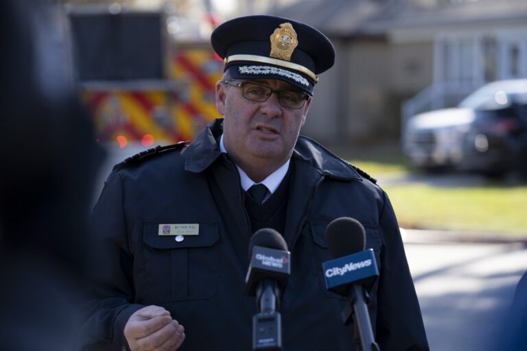 CP ONLY - Toronto’s fire chief says fires sparked by lithium-ion batteries are a growing concern after a recent blaze aboard a subway train showed how quickly flames sparked by a faulty battery pack can spread. Toronto Fire Chief Matthew Pegg updates the media at a fire scene in Toronto on Sunday, Nov. 12, 2023. (Arlyn McAdorey Arlyn McAdorey/The Canadian Press).