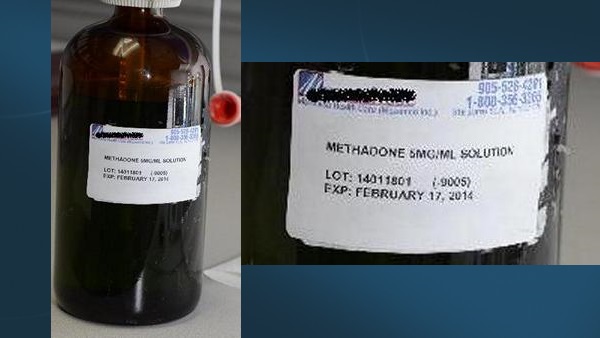 Hamilton Police photo of a stolen methadone bottle