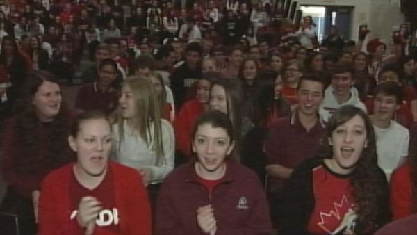 Students at Bishop Tonnos high school in Ancaster cheer on Laura Fortino; February 10, 2014