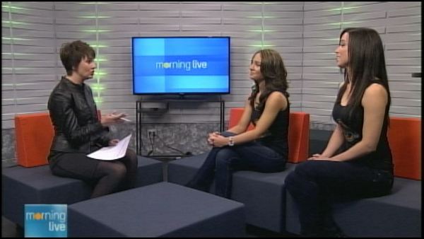 Annette Hamm with Hamilton Tiger-Cat cheerleaders Kim Schmidt and Jessica Pizzingrilli; Morning Live, March 3, 2014