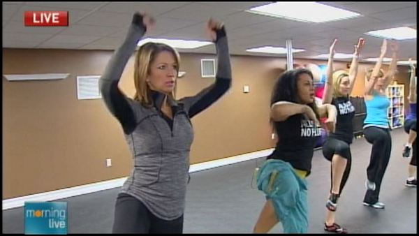 Lesley Stewart with Wendy Wolfe at What Moves You Fitness; Morning Live, March 5, 2014