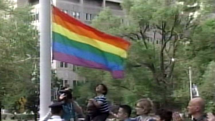 The Pride flag, raised at Queen's Park, June 23, 2014
