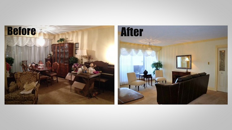 A before and after image of house staging