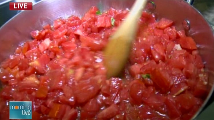 A pan of tomatoes being sauteed; Morning Live, September 2, 2015