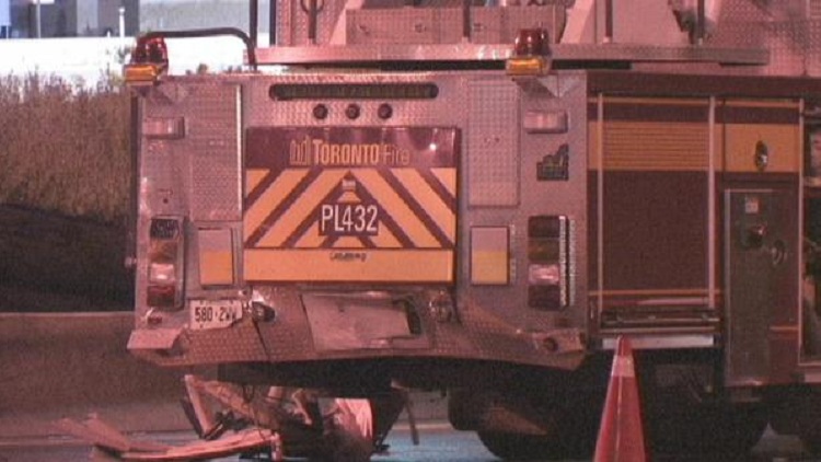 Firetruck hit by car on Brown's Line ramp
