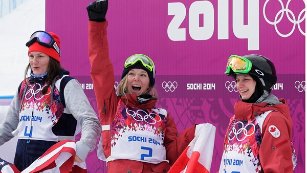 Dara Howell and Kim Lamarre celebrate their win at Sochi, February 11, 2014