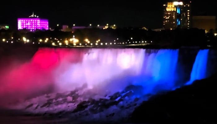 Niagara Falls lit red white and blue, thanking Buffalo Bills October 4 2026
